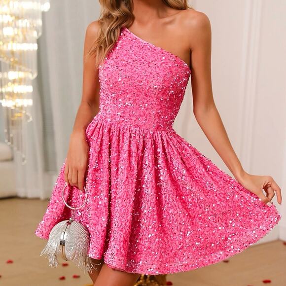 Faeriesty Dresses & Skirts - Faeriesty One Shoulder Sleeveless Pink Sequin Cocktail Dress, Women's Medium